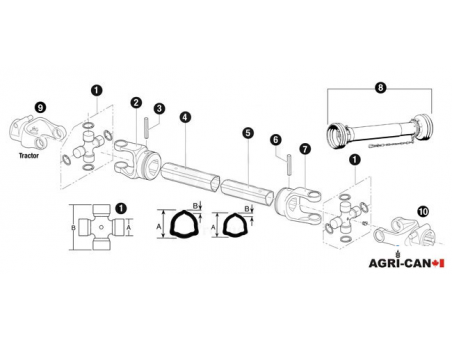 PTO Complet avec attache rapide 1 3/8'' 6 spline Yoke QD