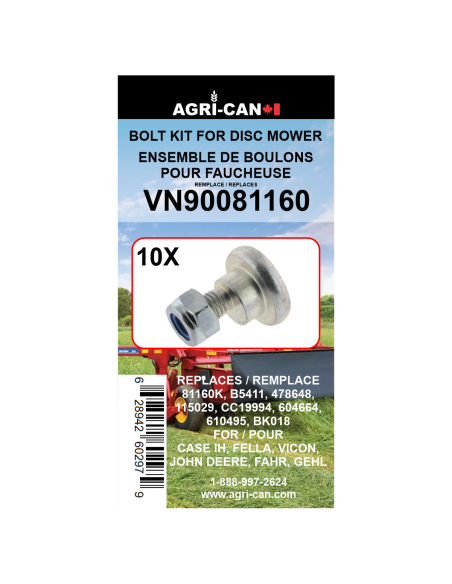 Kit de 10 boulons et écrous pour faucheuse à disques Deutz-Fahr, Gehl, John Deere et Vicon