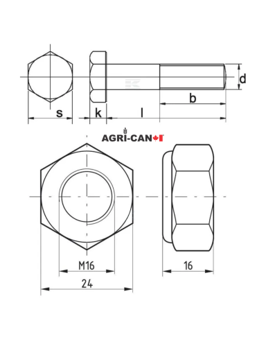 Flail Mower Bolts and Nuts - M16 X 90mm - 5/pack