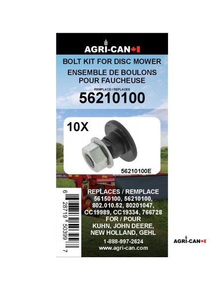 Bolts and Nutd Kit for Disc Mower Kuhn, New Holland, John Deere, and Gehl - 10/Pack